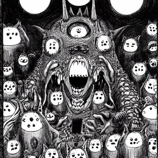 Image similar to a horrifying corgi demon with many eyes and many teeth, manga panel drawn by junji ito, kentaro miura, horror, dark fantasy, lovecraftian, intricate