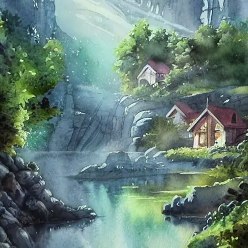 Image similar to beautiful happy picturesque charming sci - fi organic homes in a beautiful natural scene. water, trees and rocks. beautiful light. grainy and rough. soft colour scheme. beautiful artistic detailed watercolor by lurid. ( 2 0 2 2 )