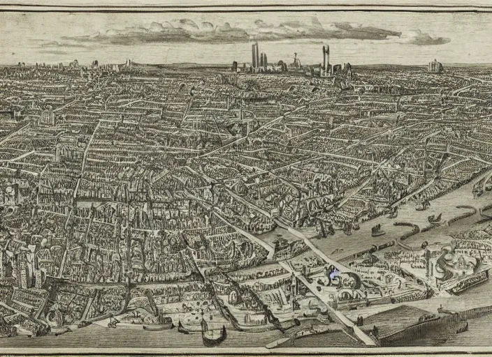 Prompt: detail from Hollar’s Panoramic view of future London, 1647