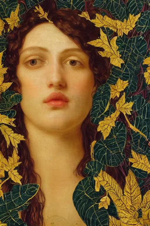 Prompt: masterpiece beautiful seductive flowing curves preraphaelite face portrait of brian molko amongst leaves, extreme close up shot, yellow ochre ornate medieval dress, branching abstract decorate structural circle, halo, amongst foliage, gold gilded circle halo, kilian eng and frederic leighton and rosetti, 4 k