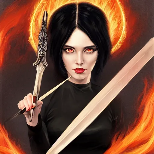 Image similar to portrait, woman with black hair called the lady of ash wielding a sword, elegant, illustration, fire magic, detailed, intricate, sharp focus, digital painting