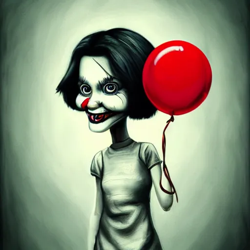 Image similar to surrealism grunge cartoon portrait sketch of millie bobby brown with a wide smile and a red balloon by - michael karcz, loony toons style, pennywise style, horror theme, detailed, elegant, intricate