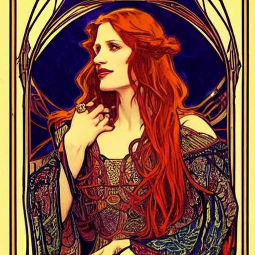 Image similar to jessica chastain portrait by louis - theophile hingre and alphonse mucha, realistic, sharp focus, zodiac signs, tarot cards, planets, ethereal, art nouveau, magic, moon, sun, crown, dreamy, royal, jewellery