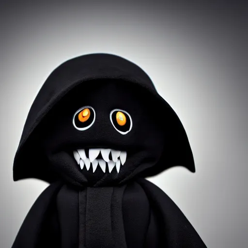 Image similar to close up potrait of an adorable grim reaper plush with black evil eyes, bat wings and venom's mouth, 4k, digital art, no artifacts, the whole image has a soft blur ethereal glow, yin yang symbols are on the background