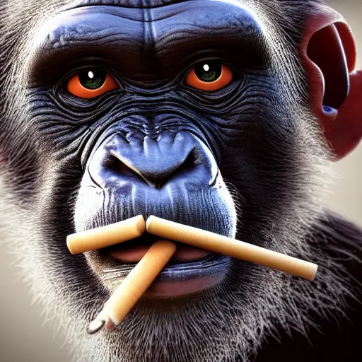 Image similar to a high detail closeup shot of a chimp wearing a suit 👔,and smoking a cigarrette🚬, cgcosiety, artstation, unreal engine, realism