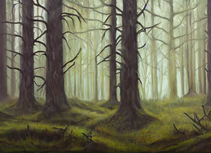 Image similar to forest hiding pagan ritual lights, oil on canvas