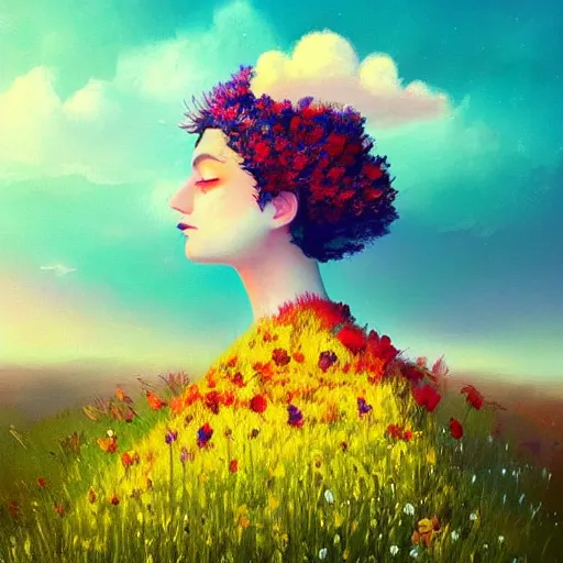 Image similar to girl with a flower for a head, surreal photography, dream, standing in flower field, magical, in a valley, sunrise dramatic light, impressionist painting, colorful clouds, artstation, simon stalenhag, flower face