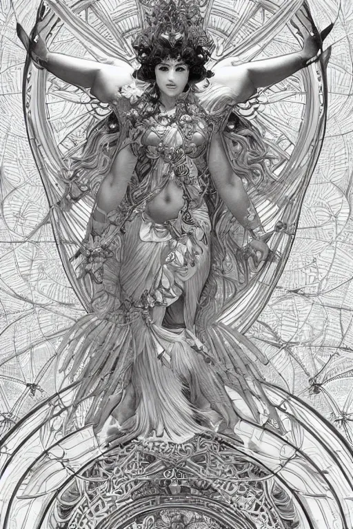 Prompt: a bull god angel of tranquility, hyper detailed, character concept, full body, dynamic pose, intricate, lineart, cerpuscular rays, by yoshitake amano, alfons mucha, 8 k, unreal