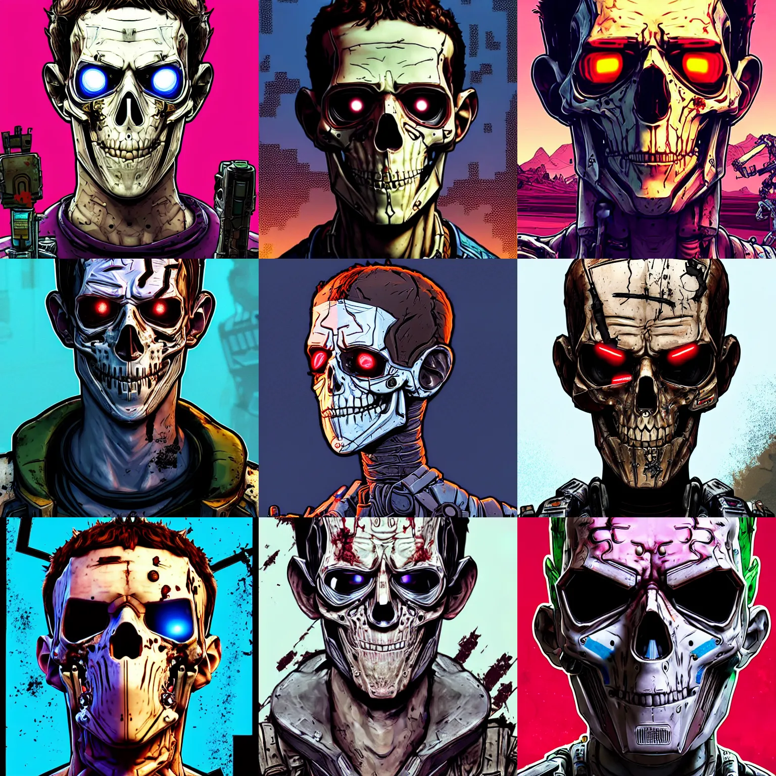 Prompt: borderlands 3 !!! mark zuckerberg! cell shaded! scary head portrait of terminator skeleton mark zuckerberg! cyborg as Borderlands 3 concept art, llustration, postapocalyptic grunge, concept art by Laurie Greasley, highly detailed, sharp focus,alien, HQ, 4K ,art by Laurie Greasley