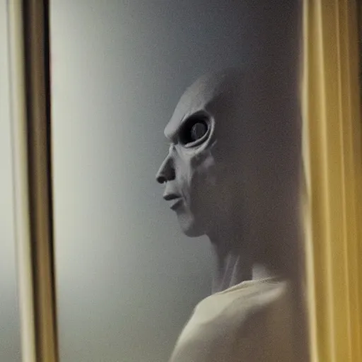 Image similar to grey alien at the window, blurry photo, night