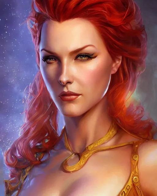 Prompt: a stunning portrait of triss merigold as a queen, digital art by julie bell and artgerm and ross tran and angel ganev, medium shot portrait, highly detailed, trending on artstationhq