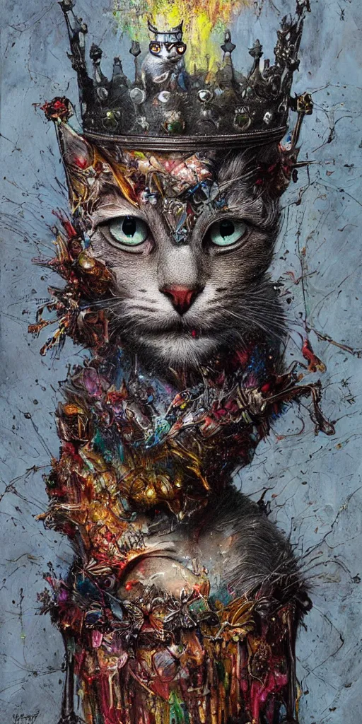 Prompt: a humanoid king old cat with a crown, Atmospheric beautiful by Stanley Artgerm, Tom Bagshaw, Arthur Adams, Carne Griffiths, trending on Deviant Art, street art, chillwave, maximalist, full of color, glittering, 8k, hd