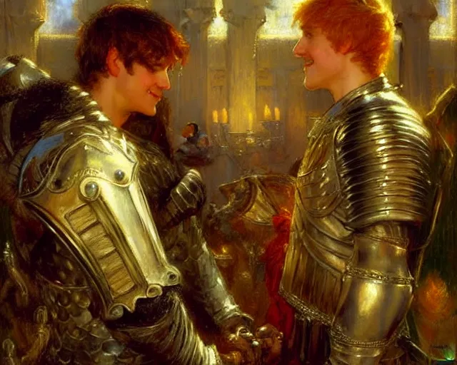 Prompt: arthur pendragon flirting wit his knight. the knight is also flirting back, highly detailed painting by gaston bussiere, craig mullins, j. c. leyendecker