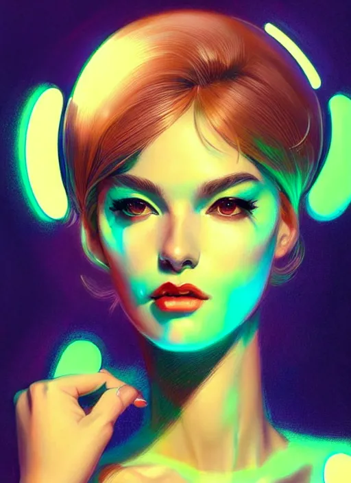 Image similar to photorealistic portrait of female humanoid, cyber neon lights, highly intricate, retro 6 0 s haute couture fashion, elegant, highly detailed, crispy quality, trending on artstation, trending on pinterest, glamor pose, no signature, no watermark, art by artgerm and greg rutkowski