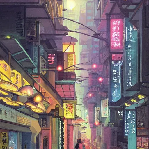 Prompt: winding futuristic street at night :: looming bronze science fiction Hong Kong Byzantine buildings covered in waving banners :: bazaar stalls lining the sides of the street :: scene lit by science fiction floating orbs of light with art nouveau filigree :: science fiction street painting by Studio Ghibli, Barlowe, Rembrandt, and Carvaggio