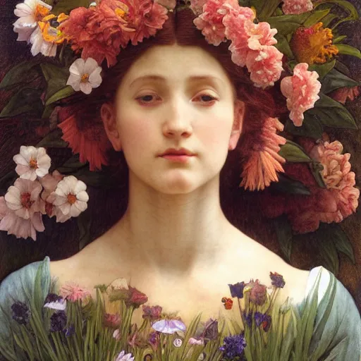 Prompt: queen of flowers, by annie swynnerton and charlie bowater and tino rodriguez and nicholas roerich and jean delville and evelyn de morgan and william - adolphe bouguereau, dramatic lighting, floral tattoos, rich colors, smooth sharp focus, extremely detailed, donato giancola, adolf wolfli