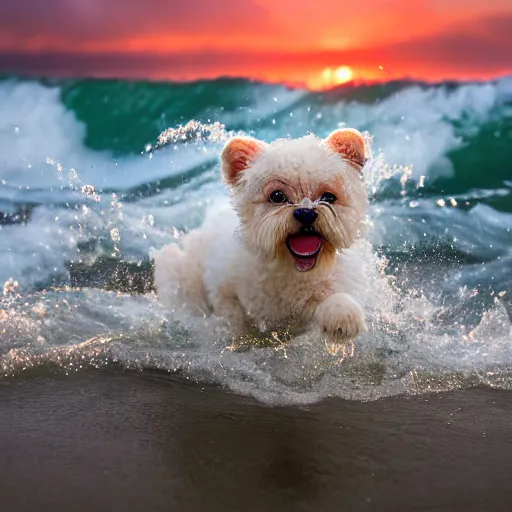 Image similar to a closeup photorealistic photograph of a cute smiling tiger bichon puppy splashing in the surf during sunset. professional capture, well lit shot. this 4 k hd image is trending on artstation, featured on behance, well - rendered, extra crisp, features intricate detail, epic composition and the style of unreal engine.