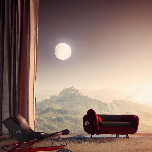 Prompt: gustavo cerati sitting on a sofa looking at the red moon, digital art, matte painting, render unreal engine, octane render, highly detailed, asymmetrical