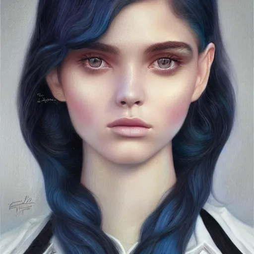 Prompt: tom bagshaw, very beautiful mix of madison beer and bella poarch in a sailor suit flirting smile, randomly lustrous dyed hair, professionally retouched, focus eyes, ultra realistic soft painting, insanely detailed linework, symmetrical accurate intricate features, behance artstation, 8 k, - signature