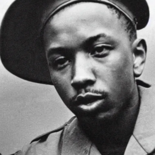 Image similar to Kendrick Lamar as a soldier during World War II, ww2, black and white, old photo, 1940