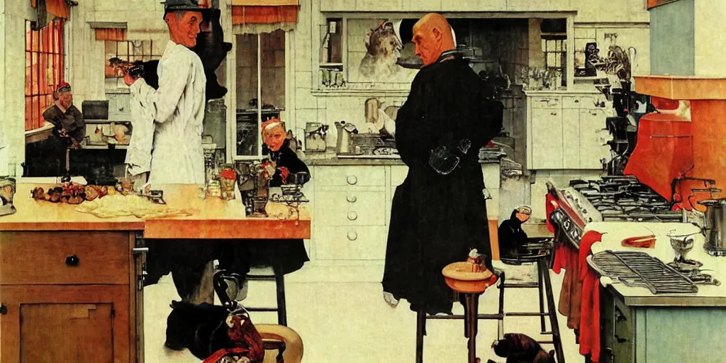 Prompt: grim reaper making coffee in a large kitchen, gorgeous painting, by norman rockwell, wholesome, holiday