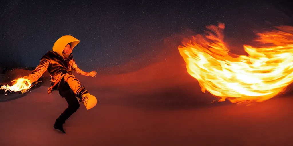 Image similar to fisheye slow motion with trail fire effect of futuristic break dancer wearing long dark cloak and golden helmet emitting fire, long exposure shot , enigmatic, at night in the middle of the arctic with red light A letter, paddle of water, steam, fog, water splashes, rim lights, glossy reflections, water droplets on lens, octane render, Volumetric dynamic lighting, stunning cover magazine, high details,