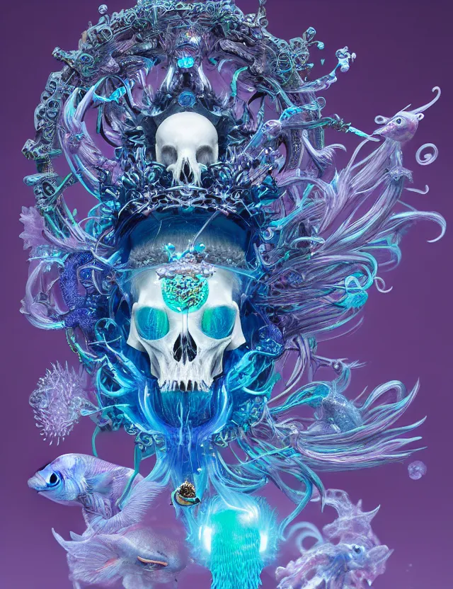 Image similar to goddess macro shouler portrait from bottom to top in crown made of ram skull. betta fish, jellyfish phoenix, bioluminiscent, plasma, ice, water, wind, creature, super intricate ornaments artwork by tooth wu and wlop and shofff and greg rutkowski