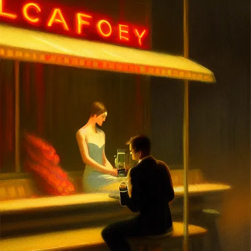 Image similar to lonely night at a cafe in manhattan, fantasy, intricate, elegant, digital painting, trending on artstation, concept art, soft focus, illustration by greg rutkowski, edward hopper, 4 k.