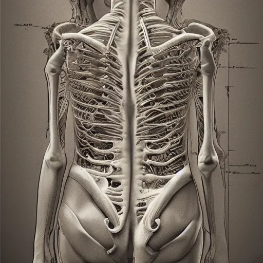 Image similar to beautiful scene of a detailed and intricate design of the back of full woman body and a baby fetus wrapped in bones, real, studio shot, dynamic lighting, great finesse organic hyper detailed, engineering blueprints, technical drawings, calculus, stained paper, hyperrealistic, ultra detailed, 16K, unreal engine, trending on artstation