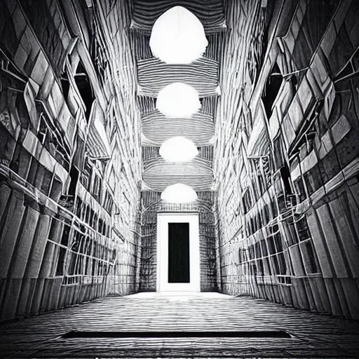 Image similar to “the inside of a huge white building with with many doors and stairs, confusing, clean geometric shapes, sharp lines, creepy, doors, strange dimensions, anime style, detailed background, horror anime”