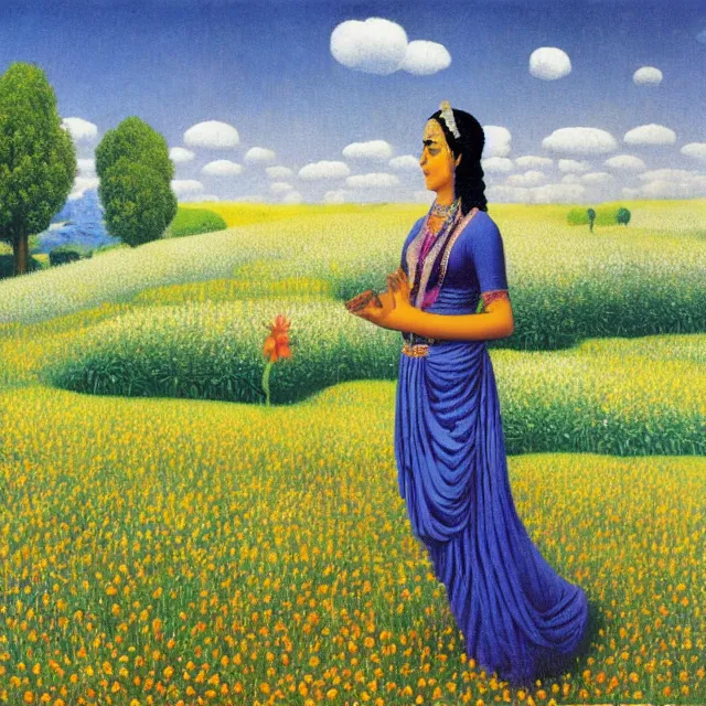 Prompt: hindu goddess kaali in distance looking at you in beautiful meadow of flower, detailed painting by rene magritte