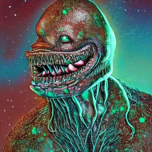 Image similar to a sentient alien. angular jaw, mouth opened in a snarl, omniverous teeth, throat is covered in spiny hairs, smooth bioluminescent skin is splattered by brown freckles, middle aged, hunter gatherer holding a opal tipped spear, portrait photograph