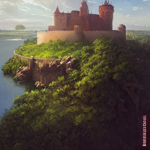 Image similar to greg rutkowski painting of an island floating in the air above a barren wasteland, on the island there is a cracow wawel castle and a lot of green vegetation, beautiful, detailed