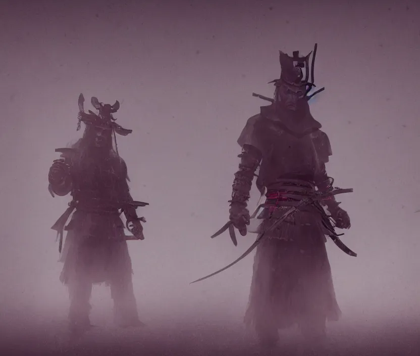 Image similar to a samurai haunted by ghosts full moon on background , gloomy and foggy atmosphere, octane render, artstation trending, horror scene, highly detailded