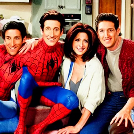 Prompt: Spiderman guest staring on 90's sitcom, Friends.