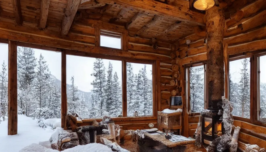 Prompt: empty interior of cozy, rustic small cabin, warm, outside winter landscape