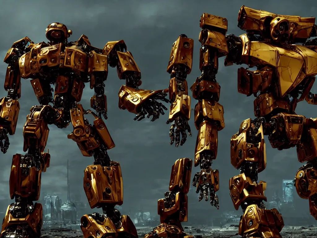 Image similar to a shiny ornate boxing humanoid mecha in ruin city, victory, bright, by war robots, real steel ( 2 0 1 1 ), westworld and eve venture and pacific rim and machine warrior 5, cryengine, frostbite 3 engine, scarlet and yellow scheme, sharp focus, 8 k, high definition, insanely detailed, soft lighting, smooth face