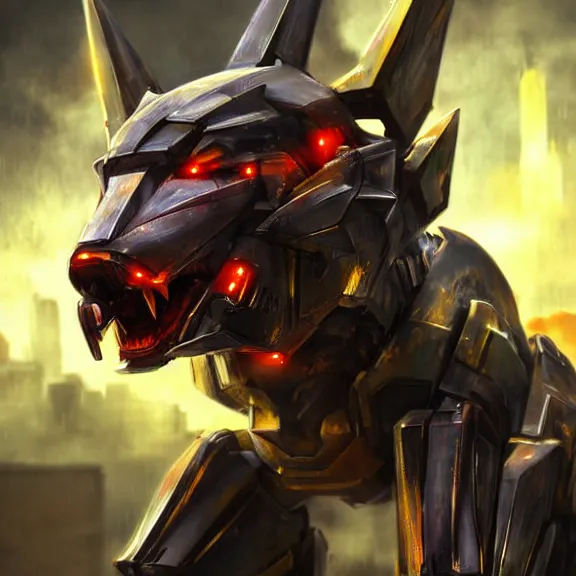 Image similar to hyper realistic, epic, highly detailed cinematic full body shot of a mecha canine, sharp claws, sleek armor, glowing visor, destroying city, digital art, furry art, dragon art, zoids art, furaffinity, deviantart