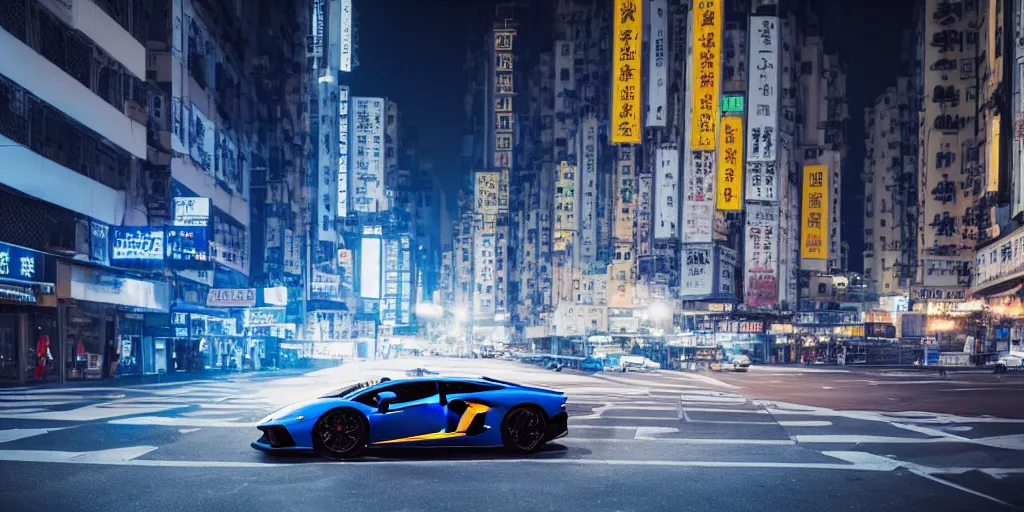 Image similar to lamborghini aventador with a light reflection in the middle of a road on the night Hong Kong china town, blue color grading, cinematic color grading , unreal 5, hyperrealistic, realistic, photorealistic, dynamic lighting, highly detailed, cinematic landscape, studio landscape, studio lighting