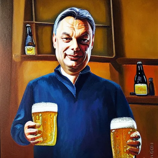 Prompt: viktor orban beer brewing at home, oil painting