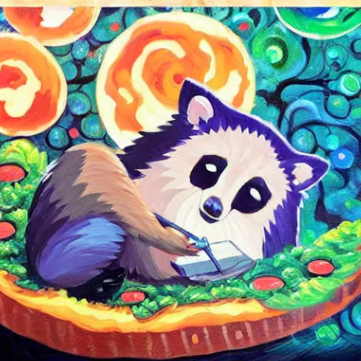 Prompt: a jeremiah ketner and studio ghibli acrylic impasto! painting! of a sad and teary and adorable and cute raccoon eating pizza