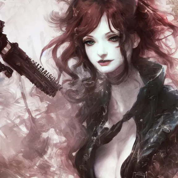 Image similar to christina hendricks!!!!! goth!!!!!, tankoban, 4 k, tone mapping, akihiko yoshida, james jean andrei riabovitchev marc simonetti, yoshitaka amano, long hair, curly, h. hydrochaeri