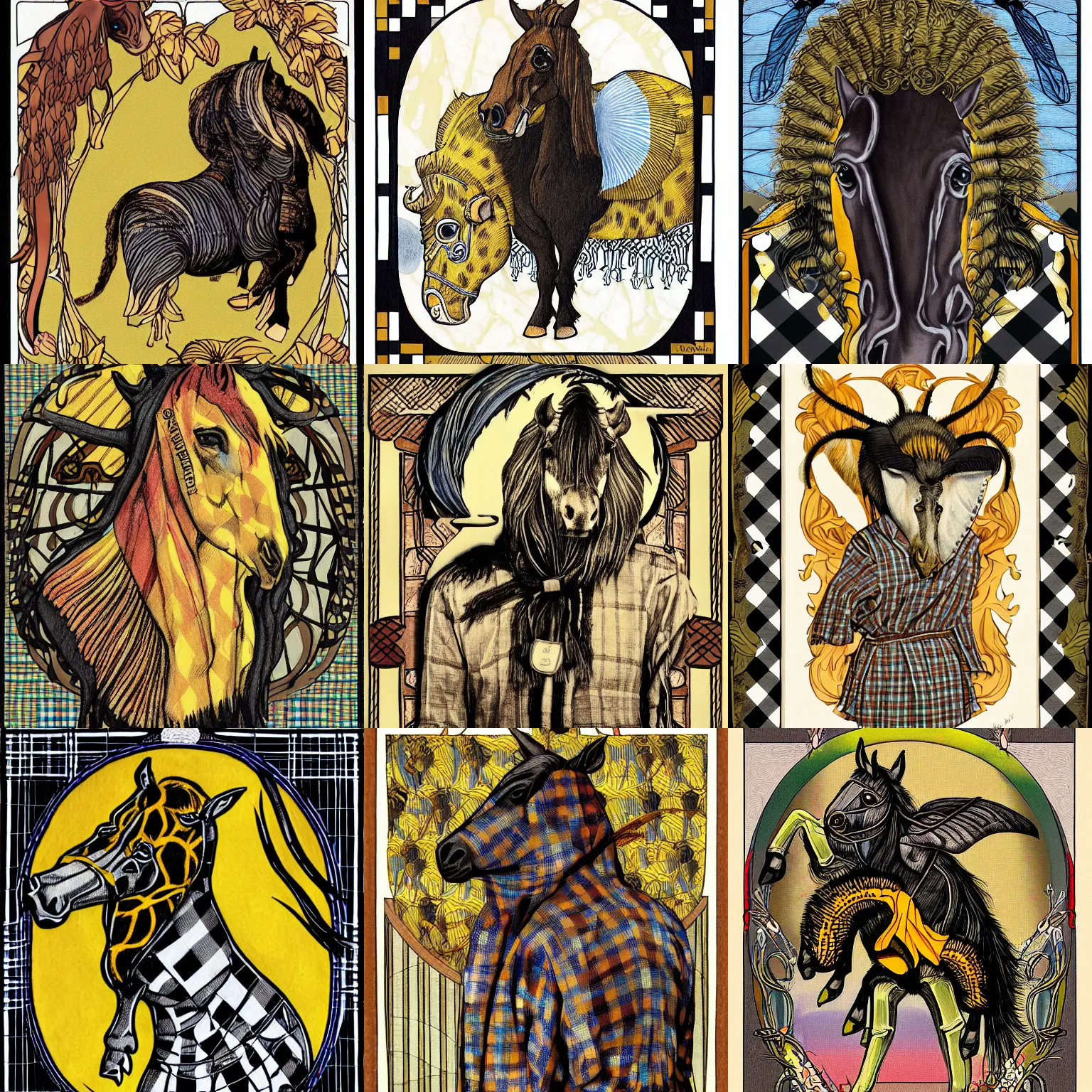 Prompt: ( horse - bumblebee creature ) wearing a ( buffalo check robe ), art nouveau illustration