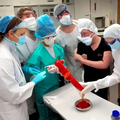 Prompt: a highly skilled surgeon demonstrates to their students how to transplant an anthropomorphic M&M's peanut filling for caramel filling, high intensity, ER drama, sweat, concentration, extreme close up, UE5, cgsociety, award winning documentary