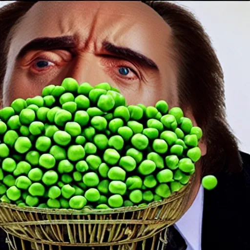 Image similar to nicolas cage trapped in a wicker cage being covered in peas