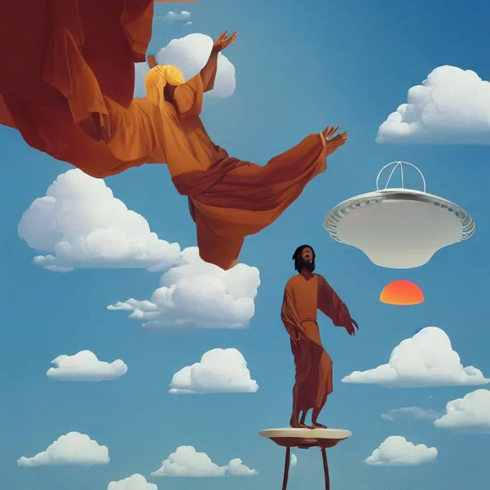 Image similar to UFO hovering over an African Jesus , clouds, colorful, painting by Hsiao-Ron Cheng,