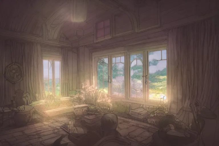 Image similar to interior wide angle shot of a fantasy countryside villa in the style of studio ghibli, moebius, makoto shinkai, dramatic volumetric lighting