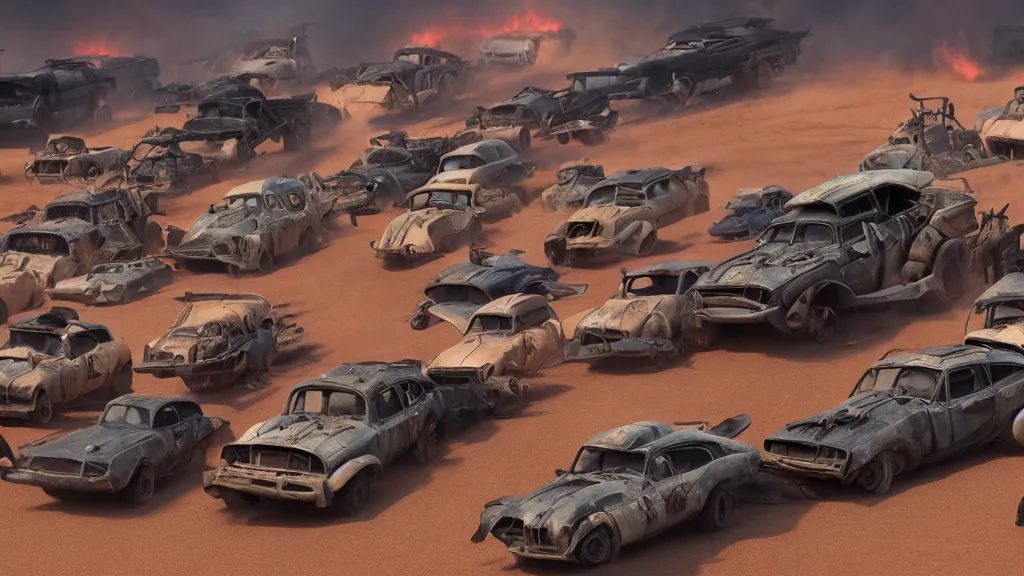 Image similar to pixar cars in mad max fury road, cartoon eyes, war boys, furiosa, explosions, imax