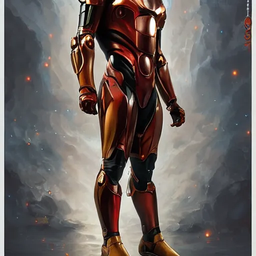 Image similar to character concept, full body, symmetrical head - on centralized, young man with advanced iron suit, mask off. detailed, high quality, dynamic lightning, fantasy, scenematic. artwork by artgerm, wlop, alex ross, greg rutknowski, alphonse mucha