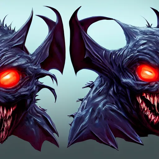 Image similar to front and back character view of scary, giant, mutant, mutated, dark blue humanoid bat, glowing red eyes, flying above a stormy ocean, sharp teeth, acid leaking from mouth, realistic, giant, bat ears, bat nose, bat claws, bat wings, furred, covered in soft fur, detailed, trending on artstation clean concept art and sheet that using unreal engine 5 render and hyper detailed 3D texture with cinematic software light 85mm f/1.4